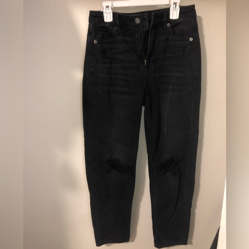 American Eagle Black Ripped Straight Mom Jeans